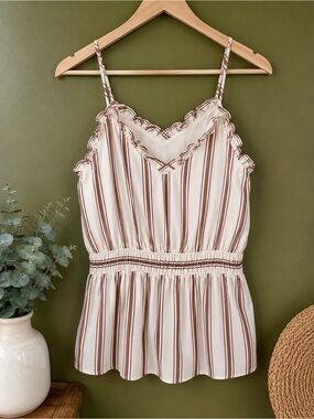 Express Cream & Brown Striped Ruffle Cami